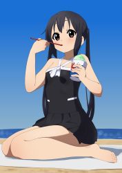 Rule 34 | 1girl, absurdres, barefoot, beach, black dress, black hair, blue sky, brown eyes, commentary request, commission, cup, dress, dress swimsuit, drinking straw, drinking straw in mouth, food, highres, holding, holding cup, holding drinking straw, k-on!, kicchi (tmgk), long hair, mouth hold, nakano azusa, ocean, outdoors, shadow, shaved ice, sitting, skeb commission, sky, solo, swimsuit, twintails