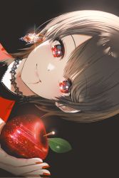 Rule 34 | 1girl, apple, black background, brown hair, choker, closed mouth, earrings, food, fruit, gem, hair between eyes, hand up, highres, holding, holding food, holding fruit, isobe47, jewelry, lens flare, light smile, liquid, looking at viewer, nail polish, original, parted bangs, pink lips, portrait, red eyes, red gemstone, red nails, red shirt, shirt, short hair, sideways, solo