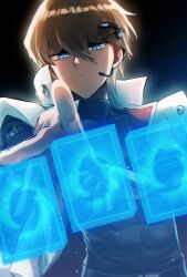 Rule 34 | 1boy, backlighting, black shirt, blue eyes, brown hair, card, coat, commentary request, dark background, duel disk, hair between eyes, high collar, highres, hologram, kaiba seto, light particles, looking at object, looking at viewer, male focus, mouthpiece, saito0614, shirt, short hair, sleeveless, sleeveless coat, solo, toned, toned male, turtleneck, turtleneck shirt, upper body, white coat, yu-gi-oh!, yu-gi-oh! the dark side of dimensions