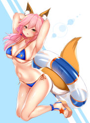 Rule 34 | animal ears, armpits, arms behind back, arms behind head, bikini, blue bikini, blush, breasts, cleavage, collarbone, commentary request, fate/grand order, fate (series), fox ears, fox tail, groin, highres, innertube, kashima mashino, large breasts, looking at viewer, pink hair, side-tie bikini bottom, skindentation, solo, sweat, swim ring, swimsuit, tail, tamamo (fate), tamamo no mae (fate/extra), tamamo no mae (swimsuit lancer) (fate), yellow eyes