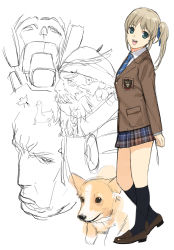 Rule 34 | 1girl, 2boys, blazer, dog, jacket, legs, mibu natsuki, multiple boys, original, school uniform, sketch, skirt
