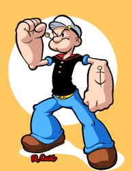 Rule 34 | 1boy, angry, artist name, belt, hat, male focus, muscular, popeye, popeye the sailor, robert j case, sailor, sailor hat, shoes, smoking pipe, solo