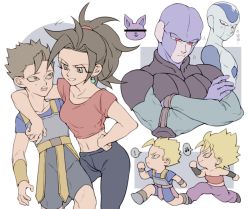 Rule 34 | !, 10s, 2girls, 4boys, arm around shoulder, armor, bandeau, bar censor, beamed eighth notes, black hair, blonde hair, blue background, blue shirt, breasts, caulifla, censored, champa (dragon ball), chibi, clenched hands, close-up, crossed arms, dragon ball, dragon ball super, earrings, expressionless, eyelashes, frost (dragon ball), full body, grin, hand on own hip, hit (dragon ball), jewelry, kefla (dragon ball), kyabe, looking down, mgong520, multiple boys, multiple girls, musical note, navel, nervous, pants, pink shirt, ponytail, potara earrings, pout, pouty lips, profile, puffy pants, purple pants, red eyes, red shirt, running, serious, shirt, short hair, simple background, smile, speech bubble, spiked hair, super saiyan, super saiyan 1, sweatdrop, tank top, translation request, upper body, white background, wristband