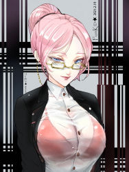 Rule 34 | 1girl, alternate hairstyle, artist name, bespectacled, black jacket, blue eyes, bra, breasts, chain, closed mouth, collared shirt, dress shirt, earrings, eyelashes, funkid, glasses, grey background, hair bun, hair strand, hair up, highres, jacket, jewelry, large breasts, long sleeves, megurine luka, open clothes, open jacket, pink lips, red bra, see-through, shirt, single hair bun, smile, solo, stud earrings, underwear, upper body, vocaloid, white shirt, yellow-framed eyewear