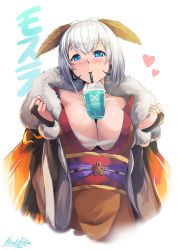 Rule 34 | 1girl, 2019, artist name, blue eyes, blush, breasts, bridal gauntlets, bubble tea, bubble tea challenge, character name, cleavage, commentary, drinking, drinking straw, fur collar, godzilla: king of the monsters, godzilla (series), grey hair, heart, highres, hiroki ree, japanese clothes, kaijuu, kimono, large breasts, legendary pictures, monarch (monsterverse), monsterverse, mothra, mothra (monsterverse), object on breast, personification, solo, toho