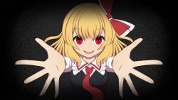 Rule 34 | 1girl, black background, black vest, blonde hair, bow, breasts, commentary request, darkness, foreshortening, frilled shirt collar, frills, gradient background, hair bow, highres, long sleeves, looking at viewer, medium breasts, medium hair, necktie, open mouth, reaching, reaching towards viewer, red bow, red eyes, red necktie, rumia, simple background, slit pupils, smile, solo, takapi 3, touhou, upper body, vest