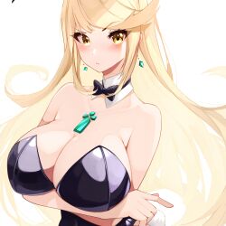 Rule 34 | 1girl, absurdres, bad id, bad twitter id, bare shoulders, blonde hair, blush, bow, breasts, chest jewel, cleavage, detached collar, earrings, highres, huge breasts, jewelry, large breasts, leotard, long hair, looking at viewer, mythra (xenoblade), playboy bunny, risumi (taka-fallcherryblossom), solo, strapless, swept bangs, tiara, tsundere, upper body, very long hair, xenoblade chronicles (series), xenoblade chronicles 2, yellow eyes