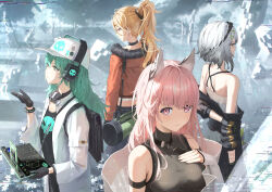 Rule 34 | 4girls, absurdres, animal ears, antonina (neural cloud), arm behind back, bare shoulders, baseball cap, black bag, black choker, black gloves, black jacket, black shirt, blonde hair, blunt bangs, bracelet, breasts, cat ears, choker, closed mouth, commentary request, cropped jacket, croque (neural cloud), earrings, facing away, from behind, fur-trimmed jacket, fur trim, girls&#039; frontline, girls&#039; frontline neural cloud, gloves, green hair, grey hair, hair between eyes, hand on own chest, hand up, hat, headphones, hidulume, highres, holding, jacket, jewelry, large breasts, light blush, long hair, long sleeves, looking at viewer, looking to the side, looking up, multiple girls, orange jacket, persica (girls&#039; frontline), persicaria (neural cloud), pink hair, ponytail, shirt, short hair, sleeveless, sleeves past wrists, stud earrings, upper body, white headwear, white jacket, yellow eyes