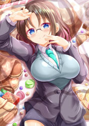 Rule 34 | 1girl, :q, arm up, between breasts, black jacket, black skirt, blue eyes, blue necktie, blush, breasts, brown hair, closed mouth, collared shirt, commentary request, elma (maidragon), food, food on face, glasses, highres, jacket, kobayashi-san chi no maidragon, large breasts, long sleeves, looking at viewer, lying, macaron, necktie, necktie between breasts, on back, parted bangs, shirt, skirt, smile, solo, sweater vest, taiyaki, tongue, tongue out, wagashi, white shirt, xenon (for achieve)