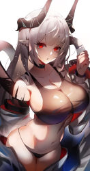 Rule 34 | 1girl, absurdres, arknights, black choker, breasts, choker, cleavage, collarbone, commentary request, crop top, hand up, has bad revision, has downscaled revision, highres, horns, kuroha (rockluo213), large breasts, long hair, looking at viewer, md5 mismatch, mudrock (arknights), mudrock (elite ii) (arknights), navel, pointy ears, red eyes, resolution mismatch, simple background, solo, source smaller, thigh gap, thighs, white background, white hair