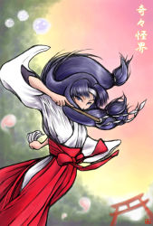 Rule 34 | 1girl, blue hair, ghost, gohei, headband, japanese clothes, kiki kaikai, long hair, miko, naga (naga-m), ofuda, sayo (kiki kaikai), solo, torii, wide sleeves