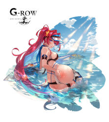 1girl aegis_(phantom_of_the_kill) aqua_hair arm_support ass ass_focus bikini black_bikini blue_sky blush breasts cloud colored_inner_hair commentary_request day flower full_body hair_flower hair_intakes hair_ornament highres large_breasts long_hair looking_at_viewer looking_back multicolored_hair ocean official_alternate_costume official_art orange_flower outdoors phantom_of_the_kill purple_eyes red_hair second-party_source sky solo surfboard swimsuit thigh_strap to_maru two-tone_bikini very_long_hair visor_cap wet white_background white_bikini