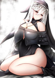 Rule 34 | 1girl, absurdres, arknights, bare legs, bare shoulders, black dress, black footwear, boots, chain, chain necklace, commentary request, dress, groin, habit, hair between eyes, highres, jewelry, kokihanada, long hair, necklace, off-shoulder dress, off shoulder, red eyes, silver hair, sitting, solo, specter (arknights), thighs, very long hair, wariza
