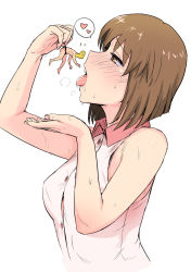 Rule 34 | 1boy, 1girl, blush, bob cut, brown eyes, brown hair, drooling, flying sweatdrops, from side, giant, giantess, hagiwara yukiho, head back, heart, helpless, highres, idolmaster, idolmaster (classic), imminent vore, mini person, miniboy, open mouth, p-head producer, producer (idolmaster), profile, saliva, scared, short hair, size difference, sleeveless, soft vore, spoken heart, sweat, tongue, tongue out, tsurui, vore