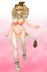 Rule 34 | 1girl, animal ears, arm at side, bare arms, bare legs, beige legwear, biceps, big hair, bikini, breasts, brown hair, clenched hands, closed mouth, detached collar, expressionless, full body, fur collar, gluteal fold, graphite (medium), groin, hair between eyes, hand up, highres, kemono friends, large breasts, light brown hair, lion (kemono friends), lion ears, lion tail, looking at viewer, micro bikini, multicolored hair, navel, shoes, skindentation, solo, stomach, swimsuit, tail, tetsu mukuro, thighhighs, thighs, toned, traditional media, two-tone hair, underboob, walking, yellow eyes