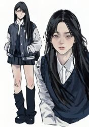 Rule 34 | 1girl, bandaid, bandaid on knee, bandaid on leg, black footwear, black hair, black skirt, closed mouth, expressionless, grey eyes, hands in pockets, highres, jacket, lee q p, legs, long hair, looking at viewer, mole, mole above mouth, mole under eye, multiple views, no pupils, original, simple background, skirt, standing, white background