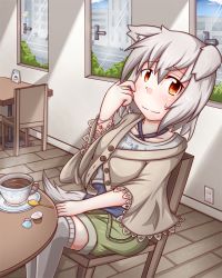 Rule 34 | 1girl, animal, animal ears, bad id, bad pixiv id, blush, breasts, buttons, chickenman, contemporary, dog, drink, grey thighhighs, house, indoors, inubashiri momiji, liquid, looking at viewer, no headwear, orange eyes, over-kneehighs, poncho, road, short hair, shorts, silhouette, silver hair, solo, spoon, street, table, tail, tea, thighhighs, touhou, wavy mouth, window, wolf ears, wolf tail, wooden floor, zettai ryouiki