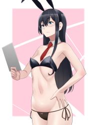 Rule 34 | 1girl, absurdres, animal ears, bare arms, bare shoulders, bikini, black bikini, black hair, black hairband, black ribbon, blue eyes, breasts, cleavage, closed eyes, cowboy shot, detached collar, fake animal ears, glasses, hairband, hand on own hip, highres, holding, kantai collection, long hair, navel, necktie, ooyodo (kancolle), pink background, rabbit ears, reading, red necktie, ribbon, rimless eyewear, side-tie bikini bottom, small breasts, solo, stomach, strapless, strapless bikini, swimsuit, tussy, two-tone background, very long hair
