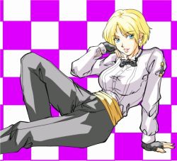Rule 34 | 1girl, arm support, bad id, bad pixiv id, black pants, blonde hair, blue eyes, bow, bowtie, checkered background, earrings, fingerless gloves, formal, gloves, jewelry, king (snk), long sleeves, mitake830, mitake 2000, pant suit, pants, parted bangs, parted lips, ryuuko no ken, short hair, sitting, snk, solo, suit, the king of fighters, traditional bowtie