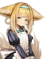 Rule 34 | 1girl, alternate costume, animal ears, apron, arknights, braid, commentary request, enmaided, fox ears, fox girl, fox tail, gradient hair, hair between eyes, hairband, highres, kesuk0, kitsune, kyuubi, light brown hair, long hair, long sleeves, looking at viewer, maid, maid apron, multicolored hair, multiple tails, sidelocks, simple background, smile, solo, suzuran (arknights), tail, twin braids, v arms, white background, yellow eyes