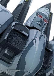 Rule 34 | 1boy, close-up, decepticon, glowing, glowing eyes, looking up, mecha, no humans, ramjet, red eyes, robot, ryuuichirou (haineken), scowl, solo, transformers, white background