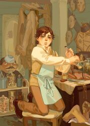 Rule 34 | 1boy, aged down, apron, blue apron, bowl, bright pupils, brown eyes, brown hair, brown pants, chair, chengongzi123, child, clutter, collared shirt, commentary, english commentary, eyeball, full body, golden kamuy, green background, hands up, highres, holding, indoors, jar, kneeling, long sleeves, looking at viewer, male focus, mannequin, mask, pants, parted lips, severed ear, severed finger, shirt, short hair, solo, table, tsukishima hajime, workshop