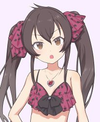 Rule 34 | 1girl, :o, bikini, black bow, bow, brown eyes, brown hair, floating hair, front-tie bikini top, front-tie top, hair between eyes, hair bow, heart bikini, heart pendant, idolmaster, idolmaster cinderella girls, long hair, looking at viewer, matoba risa, open mouth, red bikini, red bow, simple background, sketch, solo, swimsuit, twintails, upper body, white background, yama tatsuo