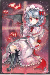Rule 34 | 1girl, bat (animal), bow, dress, female focus, hair bow, high heels, mosho, red eyes, remilia scarlet, shoes, signature, solo, touhou, traditional media
