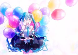 Rule 34 | 1girl, absurdres, balloon, bare shoulders, black skirt, black sleeves, blue hair, blue necktie, closed eyes, cowboy shot, detached sleeves, grey shirt, hair ornament, hatsune miku, highres, holding, holding balloon, huge filesize, long hair, mofmofmoffu, necktie, own hands together, shirt, shoulder tattoo, skirt, sleeveless, sleeveless shirt, smile, solo, standing, tattoo, twintails, very long hair, vocaloid