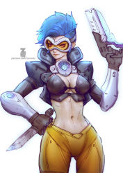 Rule 34 | 1girl, blue hair, breasts, cleavage, covered erect nipples, navel, overwatch, overwatch 1, red eyes, short hair, simple background, smile, solo, standing, tagme, tracer (overwatch), zeronis