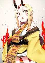 Rule 34 | 1girl, absurdres, bare shoulders, blonde hair, cowboy shot, dai yasude, earrings, facial mark, fate/grand order, fate (series), fingernails, fire, forehead mark, gradient background, highres, horns, ibaraki douji (fate), japanese clothes, jewelry, kimono, long hair, looking at viewer, off shoulder, oni, oni horns, open mouth, panties, pointy ears, print panties, sharp fingernails, short eyebrows, short kimono, tattoo, underwear, wide sleeves, yellow eyes, yellow kimono