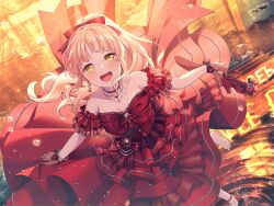 Rule 34 | 1girl, bang dream!, blonde hair, blush, bow, bracelet, choker, corset, dress, earrings, floating hair, gem, gloves, gown, hair bow, high heels, high ponytail, holding, holding shoes, jewelry, long dress, long hair, off-shoulder dress, off shoulder, official art, open mouth, outdoors, pearl (gemstone), puddle, red dress, reflection, reflective water, ripples, shoes, single shoe, smile, solo, third-party source, tsurumaki kokoro, unworn shoes, water drop, wind, yellow eyes