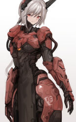 Rule 34 | 1girl, absurdres, aokuma (yuuran create), armor, arms at sides, fang, grey background, grey hair, headgear, highres, long hair, looking at viewer, low ponytail, original, power armor, red eyes, science fiction, skin fang, solo, tabard