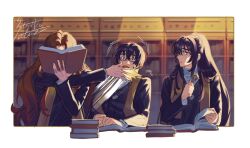 Rule 34 | 1girl, 2boys, black eyes, black hair, blue eyes, book, brown hair, glasses, holding, holding book, holding key, hong lu (project moon), indoors, jewelry, key, library, limbus company, long hair, multiple boys, necklace, parted lips, project moon, reading, rodion (project moon), satome setsuko, slapping, stole, very long hair, yi sang (project moon)