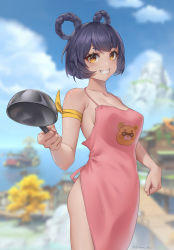 Rule 34 | 1girl, alternate costume, apron, arm ribbon, bare shoulders, black hair, blue sky, blurry, blurry background, braid, braided hair rings, breasts, clenched hands, cloud, collarbone, commentary, commission, cooking pot, cosplay, dot nose, english commentary, genshin impact, grin, guoba (genshin impact), hair rings, highres, holding, holding cooking pot, isshiki satoshi, isshiki satoshi (cosplay), medium breasts, naked apron, orange eyes, pink ribbon, print apron, ribbon, shokugeki no souma, short eyebrows, short hair, sky, smile, solo, stormstx, twin braids, xiangling (genshin impact)