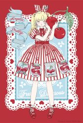 Rule 34 | 1girl, ad, angelic pretty, animal ears, artist request, bad source, belt, blonde hair, blue eyes, blunt bangs, bow, bowtie, cherry, cherry print, collared dress, copyright name, dress, earrings, fashion, food, food print, frills, fruit, full body, graphic dress, grey eyes, hair ribbon, heart, heart earrings, highres, holding, holding food, holding fruit, jewelry, kira imai, lace, lace-trimmed legwear, lace trim, lolita fashion, mary janes, oversized object, pale skin, patterned clothing, petite, postcard, print dress, rabbit ears, real life, red background, red bow, ribbon, shoes, socks, solo, striped clothes, striped dress, twintails