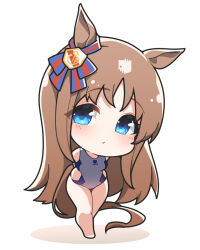 Rule 34 | 1girl, animal ears, arms behind back, barefoot, blue eyes, blue ribbon, bow, breasts, brown hair, chibi, commentary, ear ribbon, full body, grass wonder (umamusume), highres, horse ears, horse girl, horse tail, leaning forward, long hair, looking at viewer, medium breasts, no nose, one-piece swimsuit, parted lips, red ribbon, ribbon, simple background, small breasts, solo, standing, swimsuit, tail, thighs, umamusume, very long hair, warashi, white background