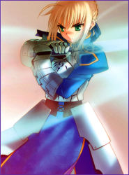 Rule 34 | 00s, ahoge, armor, artoria pendragon (all), artoria pendragon (fate), blonde hair, excalibur (fate/stay night), fate/stay night, fate (series), gauntlets, green eyes, highres, invisible air (fate), saber (fate), scan, solo, sword, weapon