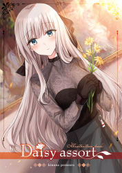 Rule 34 | 1girl, artist name, black gloves, black ribbon, black shirt, black skirt, blue eyes, blunt bangs, blush, breasts, cover, cover page, dutch angle, floral print, flower, gloves, hair ribbon, highres, holding, holding flower, honeycomb (pattern), indoors, kinona, long hair, long sleeves, medium breasts, original, painting (object), parted lips, petals, print shirt, ribbon, rose print, shirt, silver hair, skirt, solo, straight hair, very long hair, yellow flower