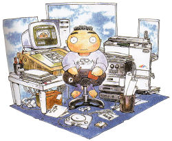 Rule 34 | 1990s (style), 1boy, barefoot, chibi, controller, desk, game console, game controller, gamepad, lowres, male focus, monitor, pen, playstation 1, printer, retro artstyle, self-portrait, shirou masamune, sitting, solo