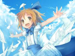 Rule 34 | 1girl, alice margatroid, alice margatroid (pc-98), blonde hair, day, female focus, fred04142, hairband, happy, mystic square, outdoors, outstretched arms, paper, sky, smile, solo, spread arms, touhou, touhou (pc-98), yellow eyes