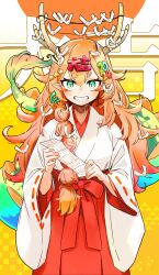 Rule 34 | 1girl, 2024, absurdres, blue eyes, braid, chinese zodiac, commentary request, dragon girl, dragon horns, dragon tail, eyeliner, hair ornament, hakama, highres, horns, japanese clothes, kimono, long hair, looking at viewer, makeup, omikuji, orange hair, original, pointy ears, red hakama, short eyebrows, side braid, smile, solo, star (symbol), star hair ornament, straight-on, tail, teeth, upper body, white kimono, yau5531, year of the dragon
