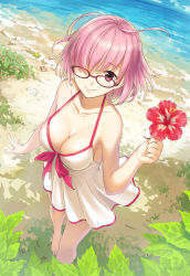 Rule 34 | 1girl, bare arms, bare shoulders, beach, blue sky, blush, breasts, cleavage, closed mouth, cloud, cloudy sky, collarbone, commentary request, day, dress, dress swimsuit, dutch angle, fate/grand order, fate (series), flower, from above, glasses, hair over one eye, holding, holding flower, horizon, kamome yuu, large breasts, looking at viewer, looking up, mash kyrielight, mash kyrielight (swimsuit of perpetual summer), ocean, official alternate costume, outdoors, pink hair, purple eyes, red-framed eyewear, red flower, sand, seashell, shell, sky, smile, solo, standing, starfish, water, white dress