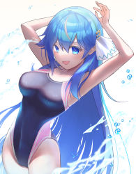 Rule 34 | 1girl, absurdres, aida563, armpits, blue eyes, blue hair, breasts, character request, commentary request, competition swimsuit, copyright request, hair ornament, highleg, highleg swimsuit, highres, long hair, medium breasts, multicolored clothes, multicolored swimsuit, one-piece swimsuit, presenting armpit, simple background, solo, splashing, swimsuit, virtual youtuber, water, white background