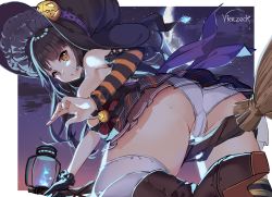 Rule 34 | 1girl, absurdres, ass, bare shoulders, breasts, broom, broom riding, crescent, frilled skirt, frills, gloves, halloween, hat, highres, lantern, large breasts, long hair, miniskirt, moon, original, panties, pumpkin, skirt, thighs, underwear, vierzeck, witch, witch hat, yellow eyes