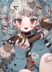 Rule 34 | absurdres, bow, drill hair, grey hair, hair bow, hair ornament, highres, holding, holding phone, karo (karohroka), looking at viewer, mint chocolate, multicolored eyes, multiple hair bows, open mouth, original, phone, red eyes, ribbon, smile