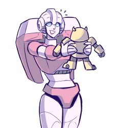 Rule 34 | 1girl, absurdres, arcee, autobot, blue eyes, bumblebee, highres, holding, holding toy, horns, mecha, no humans, robot, science fiction, shenani, smile, solo, toy, transformers, white background