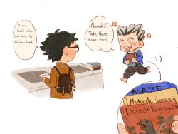 Rule 34 | 2boys, akaashi keiji, backpack, bag, black hair, bokuto koutarou, book, brown coat, chengongzi123, coat, commentary, deformed, english commentary, english text, facing another, full body, glasses, grey hair, haikyuu!!, happy aura, highres, library, long sleeves, male focus, multicolored hair, multiple boys, o o, open mouth, running, short hair, simple background, speech bubble, streaked hair, thick eyebrows, very short hair, white background