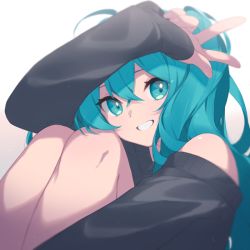 Rule 34 | 1girl, ahoge, arm up, bare shoulders, black shirt, blue eyes, blue hair, brown background, commentary, eyebrows hidden by hair, feet out of frame, fhang, gradient background, grin, hair between eyes, hatsune miku, knees up, long hair, long sleeves, looking at viewer, off shoulder, shirt, sitting, sleeves past wrists, smile, solo, very long hair, vocaloid, white background