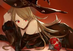 Rule 34 | 1girl, absurdres, ass, bare shoulders, black dress, blonde hair, dress, hat, highres, hoshi rasuku, lantern, long hair, looking to the side, lying, nail polish, original, red background, red eyes, solo, upper body, witch, witch hat